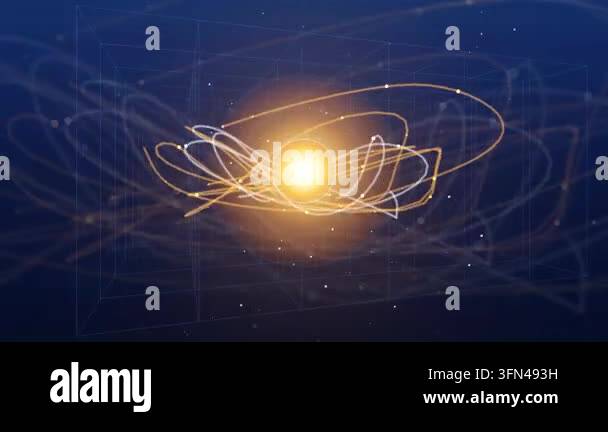 Abstract glowing atom nucleus with orbiting electrons in a digital grid ...