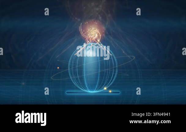 Abstract digital animation of a glowing blue sphere with orbiting rings ...