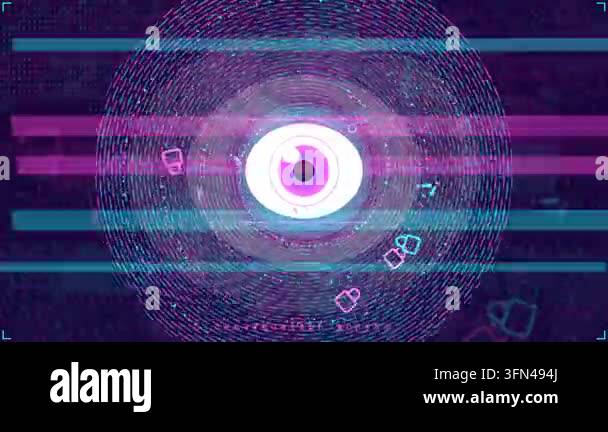 Abstract digital eye with swirling concentric circles and glitch ...