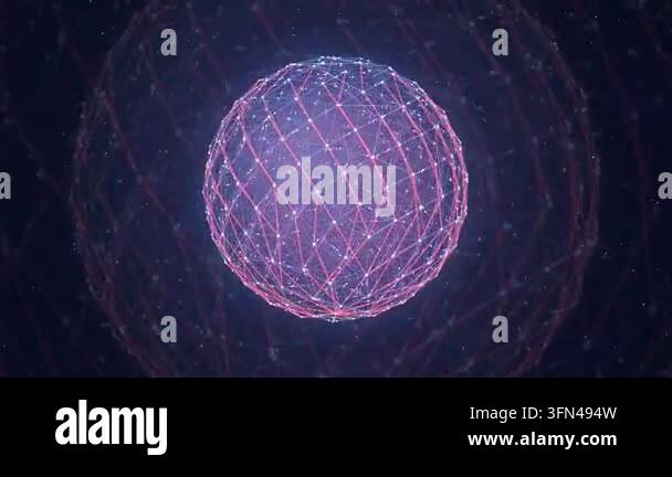 Abstract glowing sphere with interconnected lines and nodes rotates ...