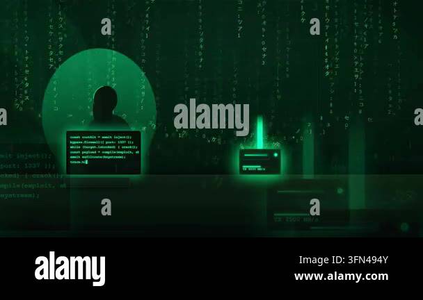 Hacker silhouette working on laptop with green matrix code falling in ...