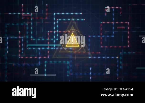 Abstract digital network with glowing lines and a central warning ...