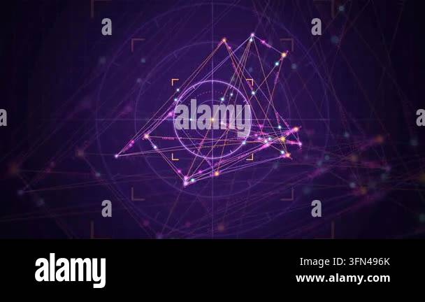Abstract digital network of glowing lines and dots, pulsing and ...