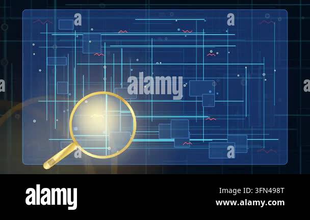 Digital interface with a magnifying glass examining data streams and ...