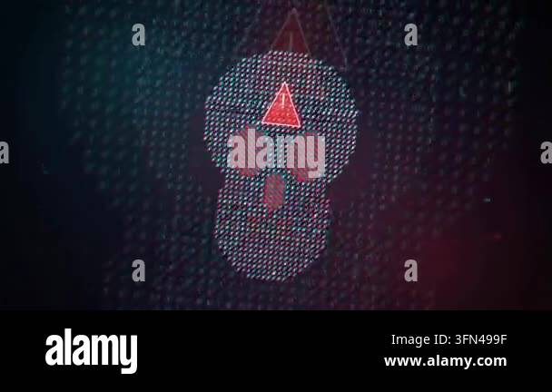 Digital skull icon with a warning triangle and binary code background ...