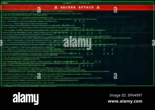 Computer screen displaying a hacker attack warning with scrolling green ...