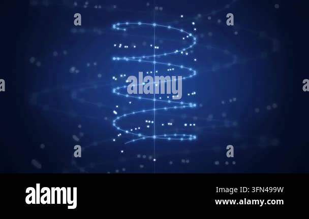 Abstract blue DNA helix structure rotating with glowing particles on ...