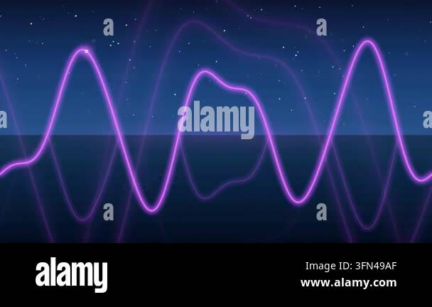 Abstract neon sound wave animation with glowing purple and blue lines ...