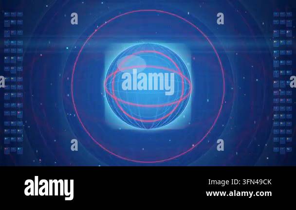 Abstract digital globe with glowing red rings and data streams on a ...