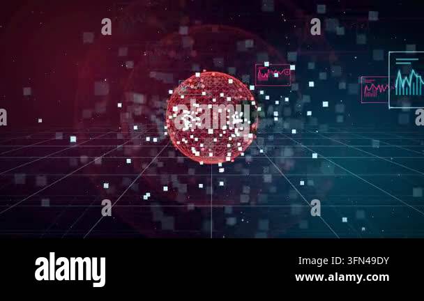 Abstract digital sphere with glowing particles and data charts in a ...