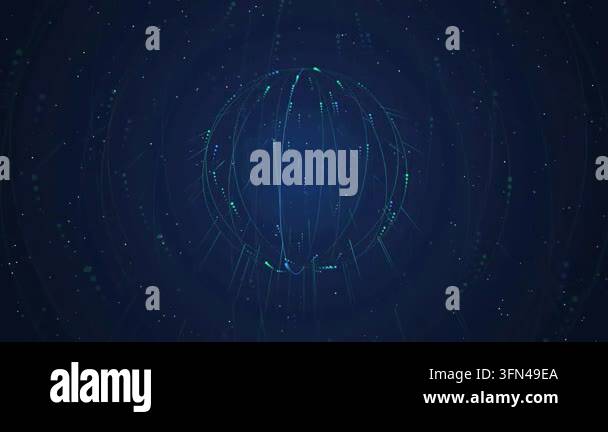 Abstract digital globe with glowing particles and lines on a dark blue ...