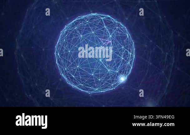 Abstract digital sphere made of glowing blue lines and nodes rotates ...