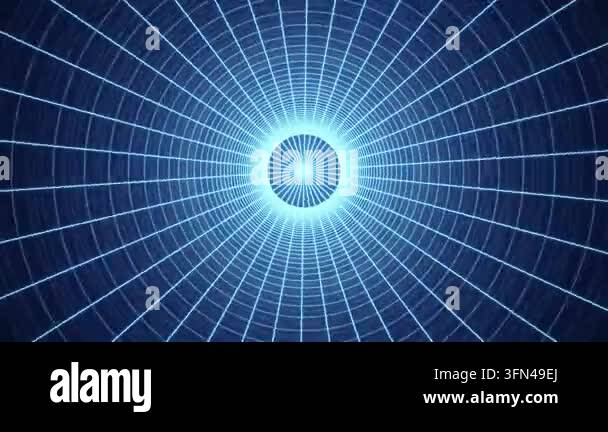 Abstract digital tunnel with glowing blue grid lines and a bright ...