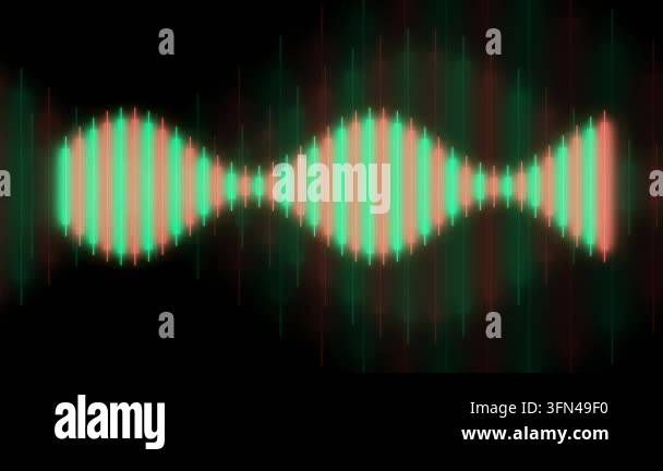 Abstract audio waveform visualization with green and red glowing bars ...