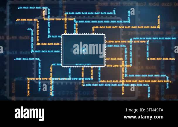 Abstract digital circuit board with glowing blue and orange lines and ...