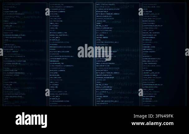 Digital screen displaying scrolling lines of code in a dark blue ...