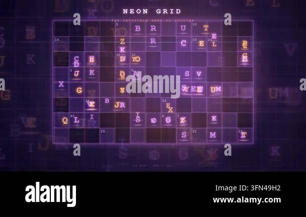 Abstract neon grid with glowing letters and numbers changing ...