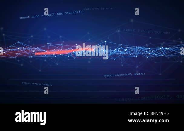 Abstract digital network with glowing lines and code snippets ...
