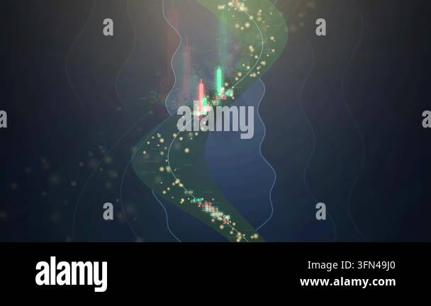 Abstract digital animation of strand with glowing particles and stock ...