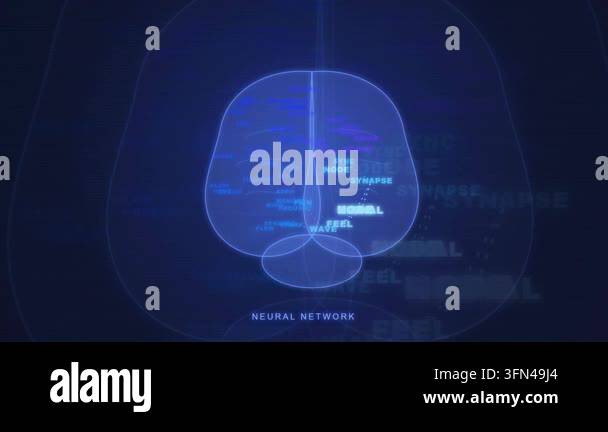 Abstract visualization of a neural network with glowing text labels ...