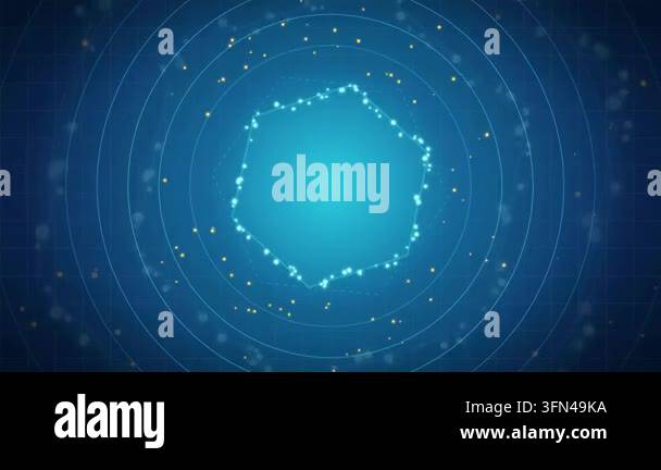 Abstract digital animation with a glowing hexagonal shape and particles ...