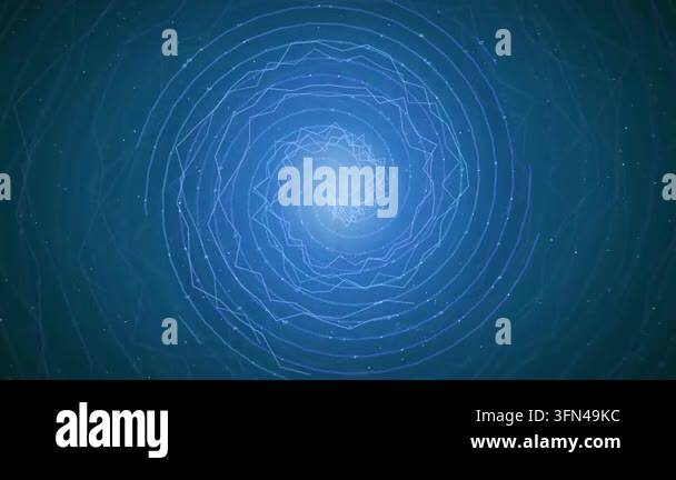 Abstract digital spiral tunnel with glowing particles and geometric ...