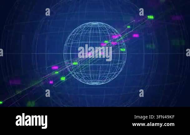 Abstract digital globe with glowing lines and data points moving around ...