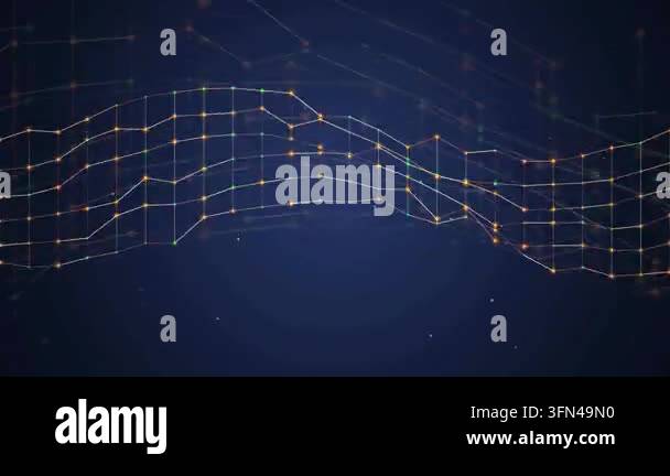 Abstract digital network grid with glowing nodes and lines moving in a ...