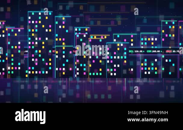 Abstract digital cityscape with glowing neon lights and stock market ...