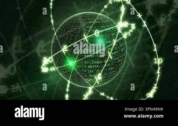 Abstract digital sphere with orbiting binary code and glowing green ...