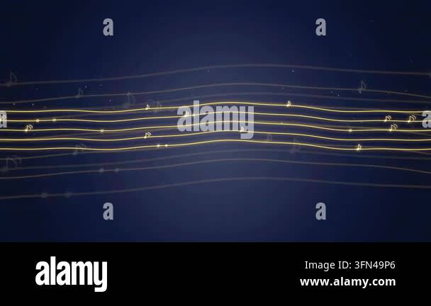 Abstract background with golden musical notes flowing on wavy lines ...
