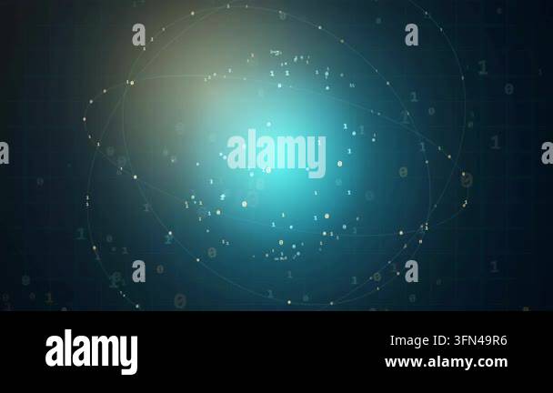 Abstract digital sphere with orbiting binary code particles and glowing ...