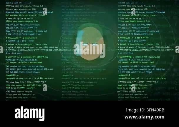 Digital screen displaying lines of code and a stylized face icon ...