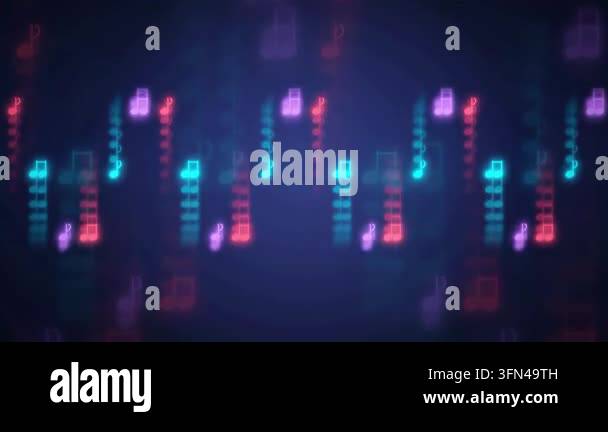 Abstract background with colorful glowing music notes and treble clefs ...