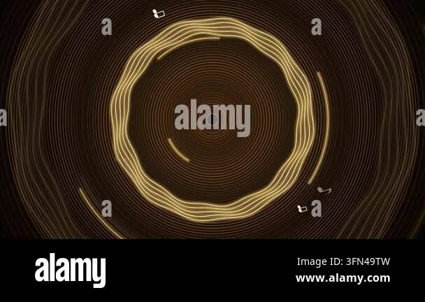 Abstract golden sound wave pulses and rotates with music notes ...