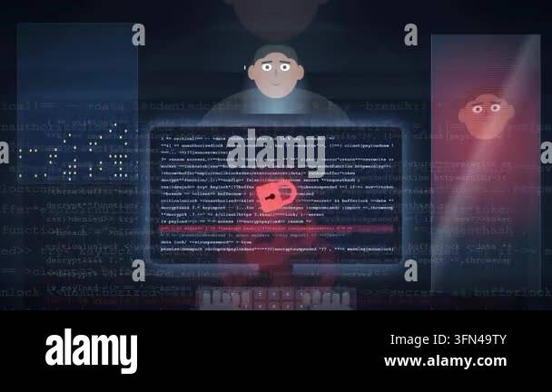 Animated hacker at computer screen displaying code and a red lock icon ...