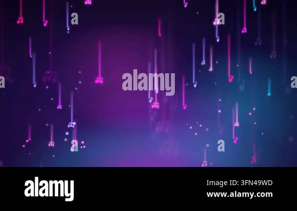 Abstract background with glowing musical notes falling down in neon ...