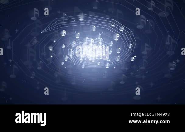 Abstract spiral of musical notes and staves with glowing particles ...