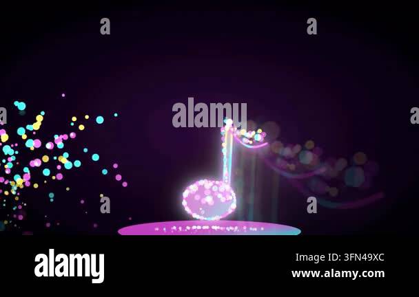 Animated musical note made of glowing particles on a dark background ...