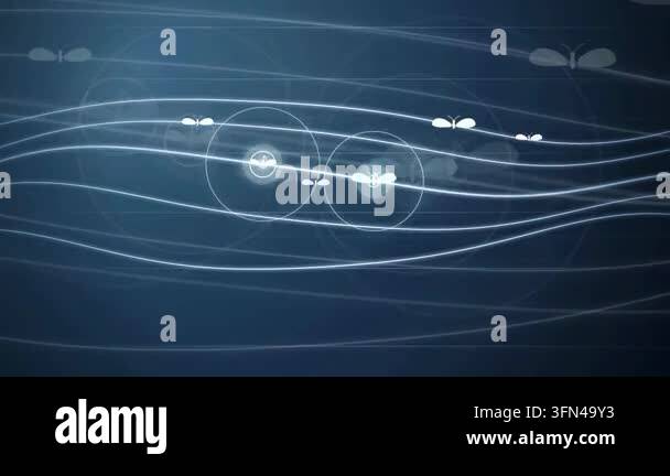 Abstract background with glowing white lines and butterfly icons moving ...
