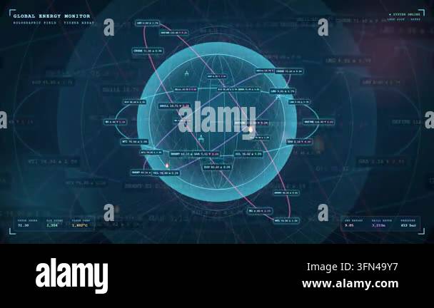 Futuristic holographic display showing a global energy monitor with ...