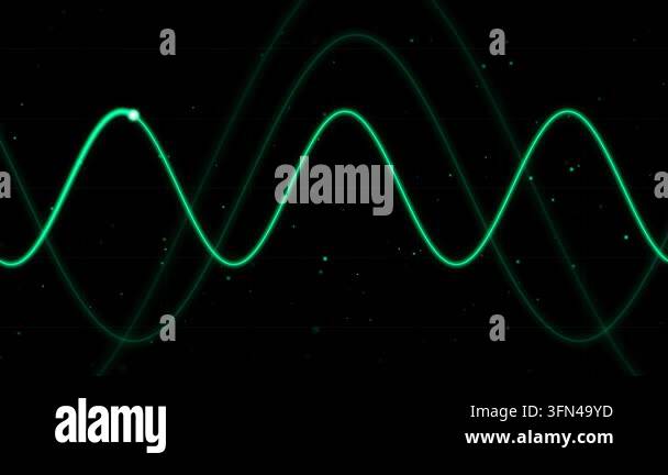 Abstract green waves oscillate on a black background with small glowing ...