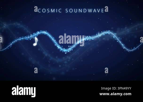 Abstract cosmic soundwave with glowing particles and musical notes ...