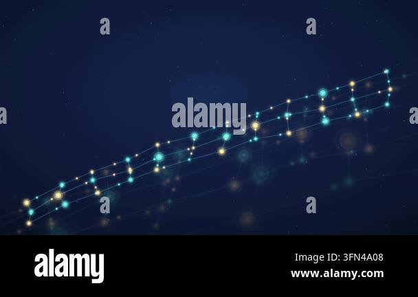 Abstract network of glowing blue and yellow dots connected by lines ...