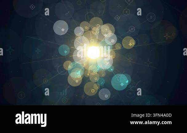 Abstract glowing particles and geometric shapes pulse and expand from a ...