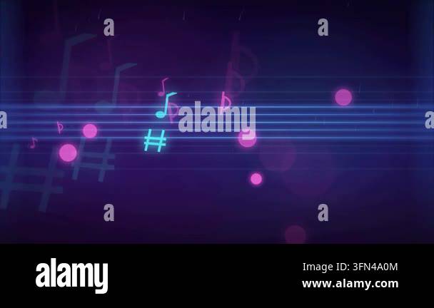 Animated background with glowing neon music notes and bokeh effects on ...