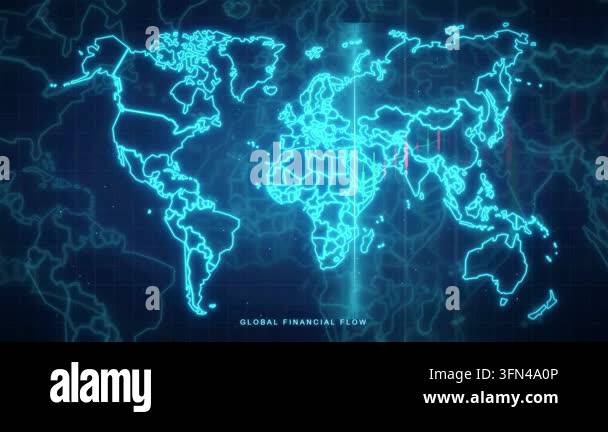 Digital world map with glowing blue continents and animated financial ...