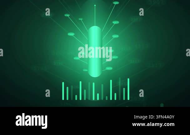 Abstract digital visualization of data analysis with glowing green bars ...