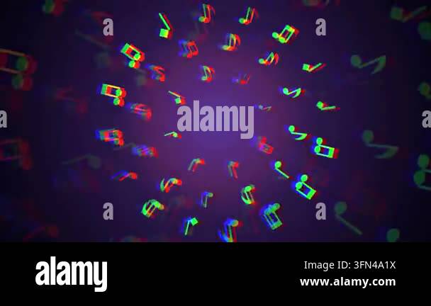 Colorful musical notes float and spin in a dark, abstract background ...