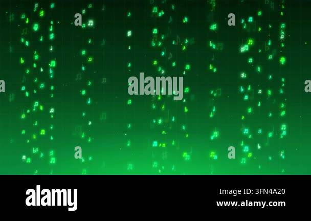 Abstract background with glowing green musical notes falling and ...